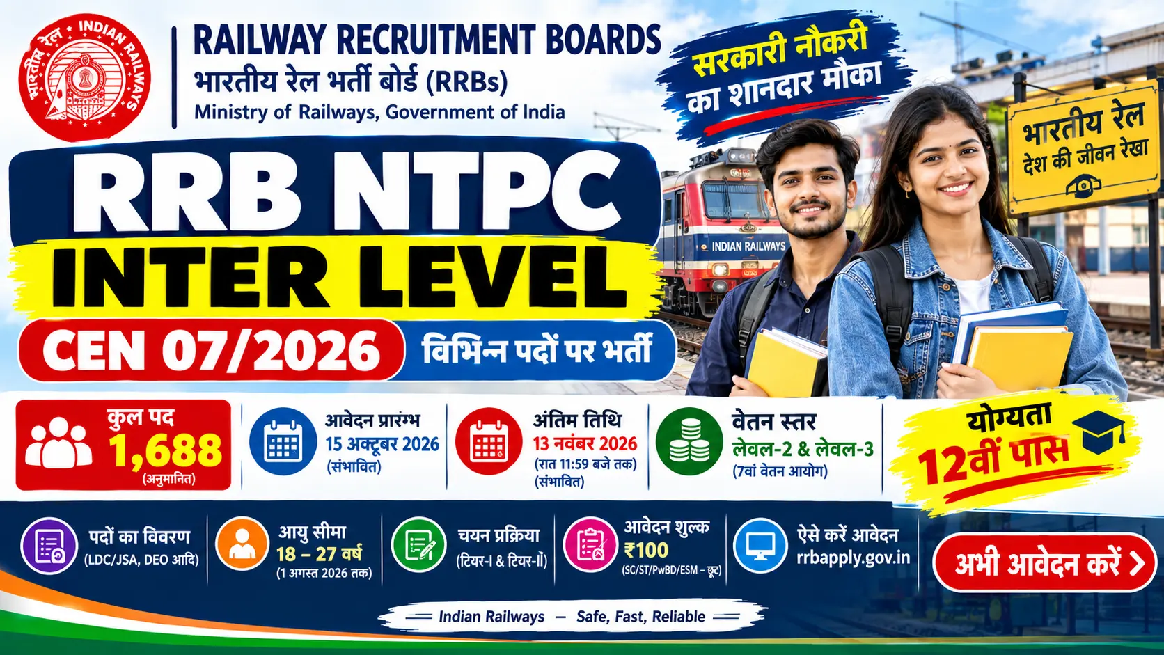 RRB NTPC Inter Level CEN 07/2026: 1688 Posts, Indicative Notice Out